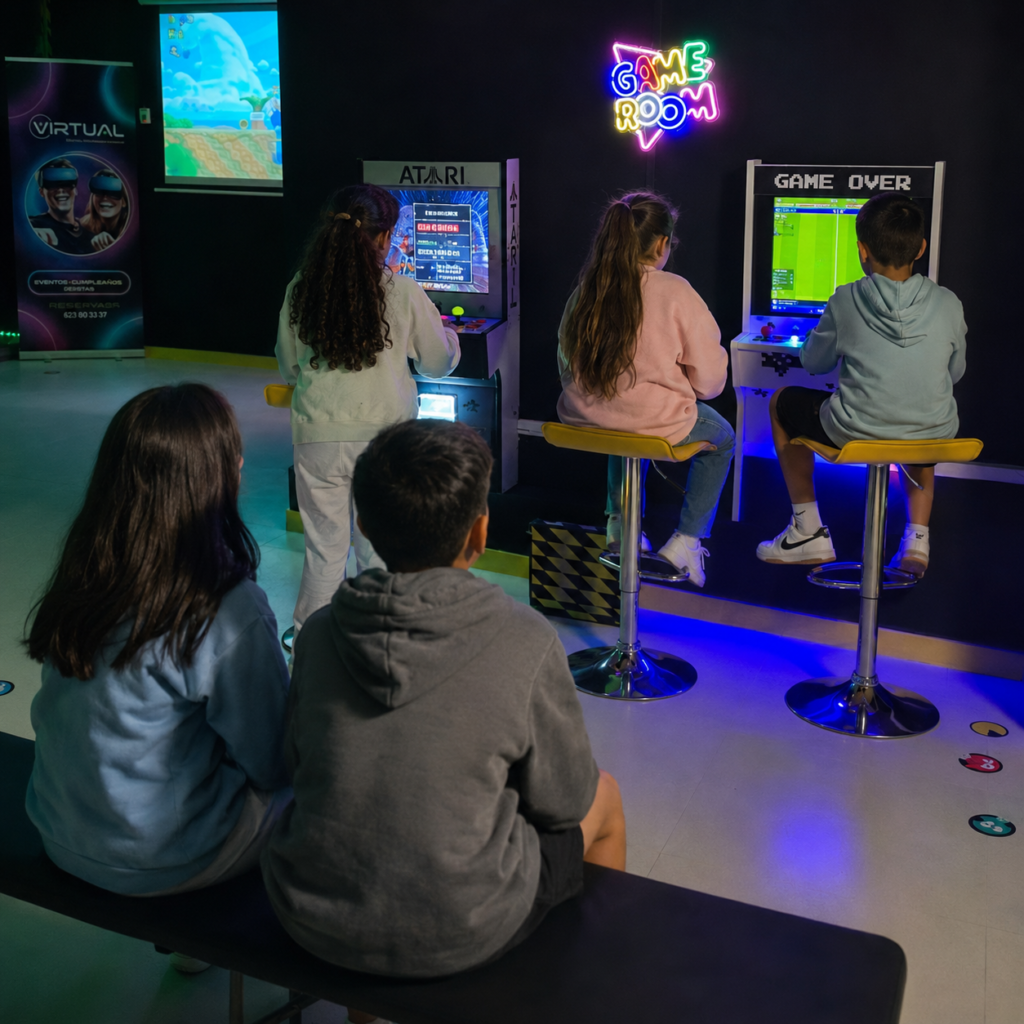 Jóvenes jugando juntos en las máquinas arcade de Virtual Cuenca