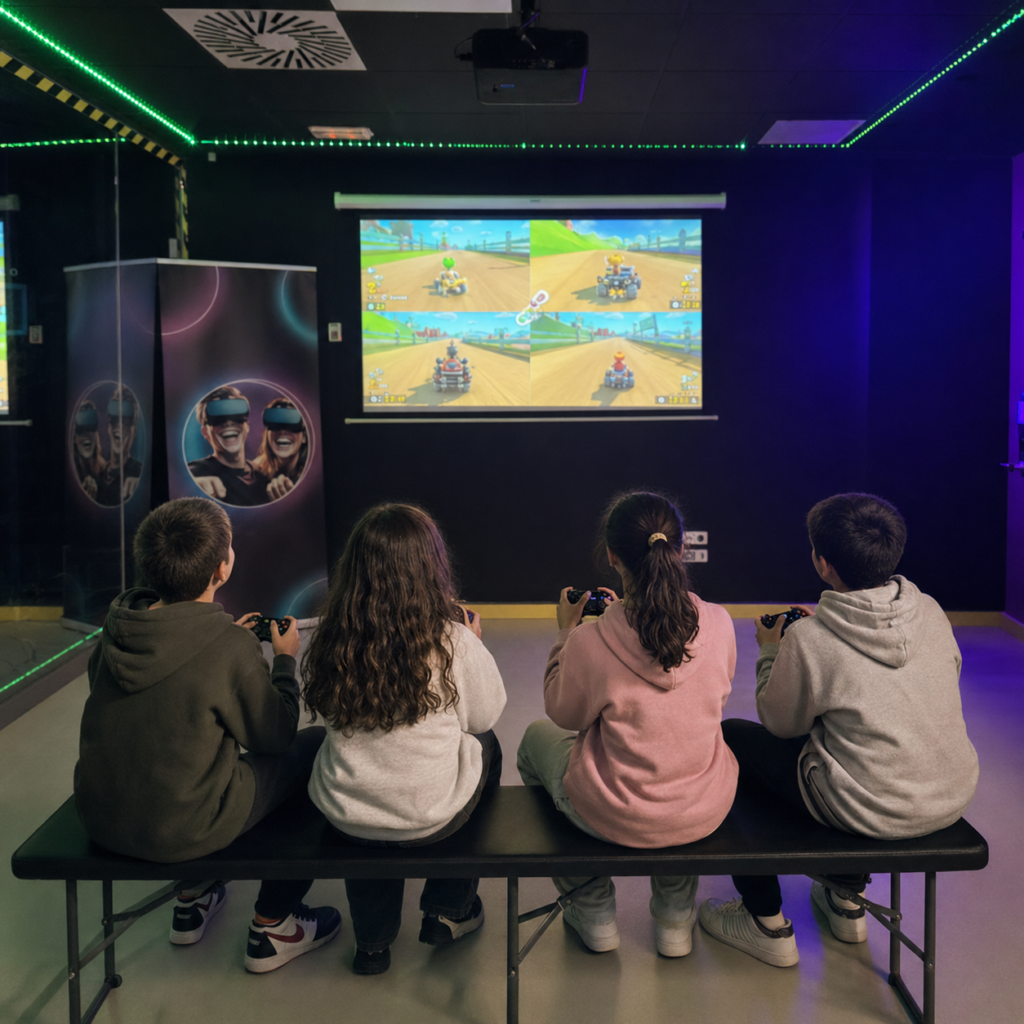 Cuatro jóvenes y niños jugando juntos a videojuegos multijugador en Virtual Cuenca