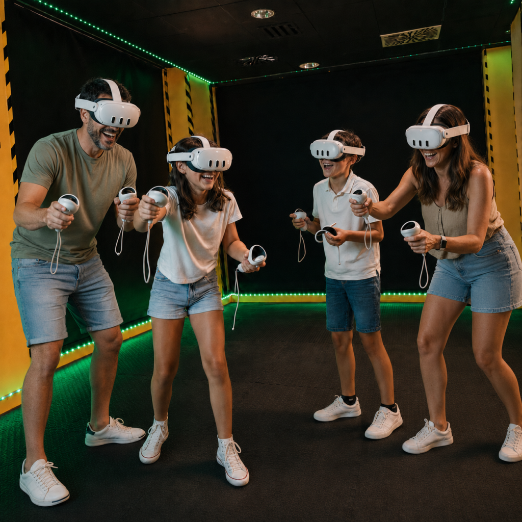Familia jugando junta a realidad virtual en Virtual Cuenca