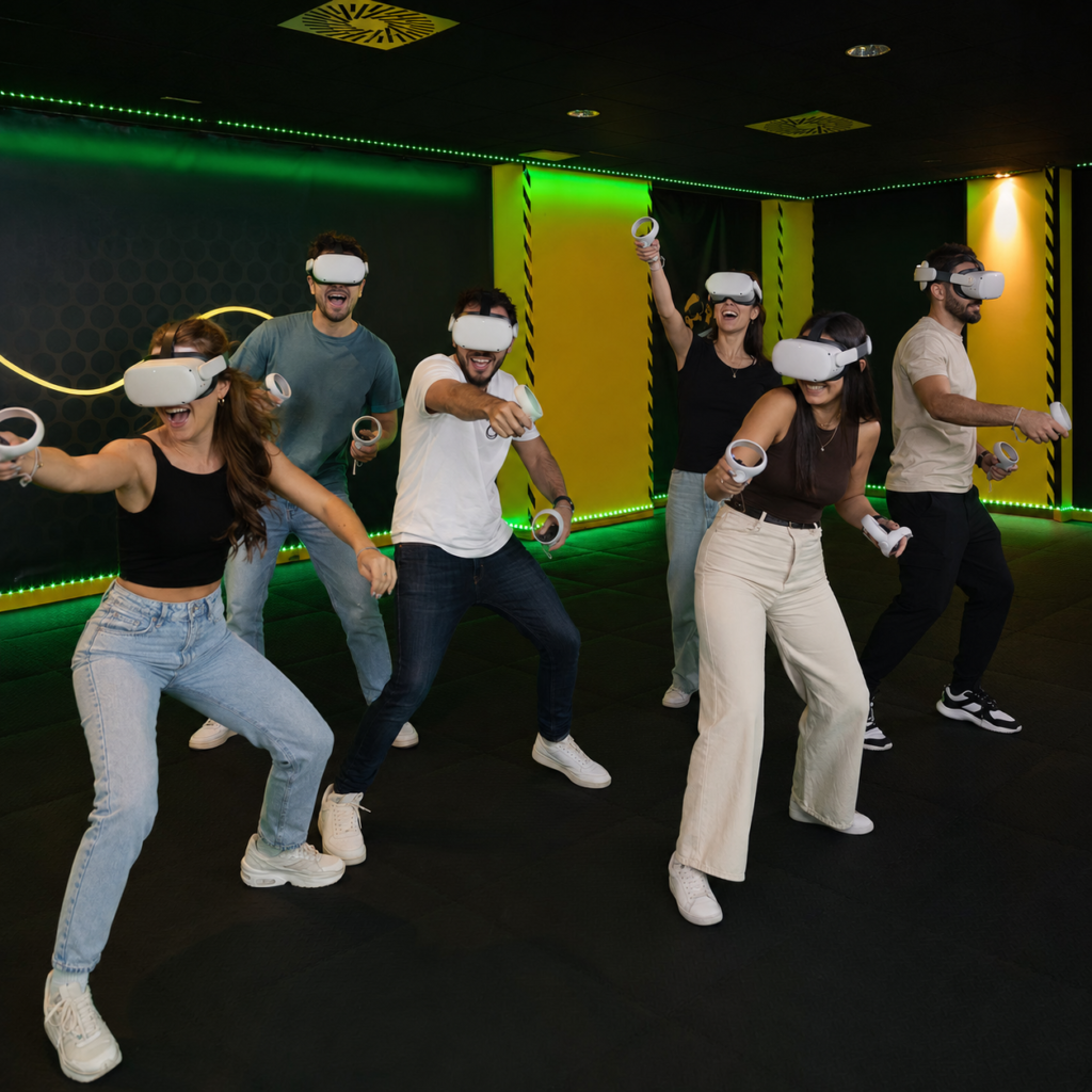 Grupo de amigos jugando juntos a realidad virtual en Virtual Cuenca