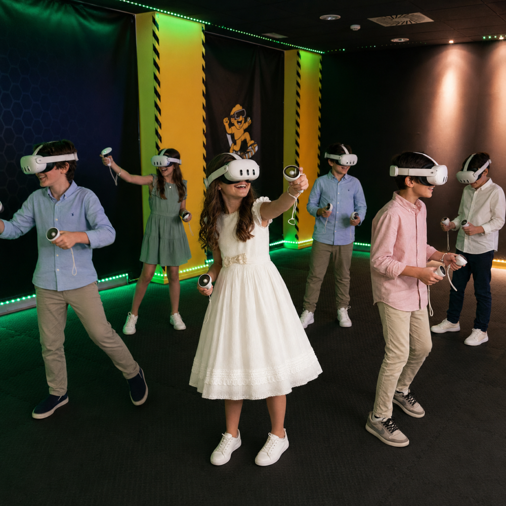 Niño y Niña celebrando su comunión con amigos jugando a realidad virtual en Virtual Cuenca
