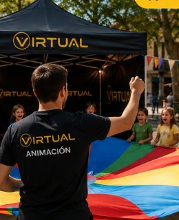 Monitores especializados realizando actividades infantiles y juveniles en un evento organizado por Virtual en Cuenca. Servicios para ayuntamientos, colegios, AMPAs, ludotecas, escuelas de verano y Plan Corresponsables.