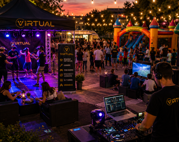 Pack Evento Completo con Realidad Virtual, DJ, karaoke, zona gaming, hinchables y monitores para eventos en Cuenca.
